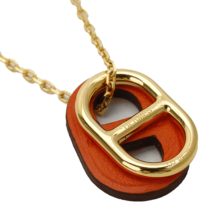 hermes/爱马仕 经典款金色/橘色皮质猪鼻扣项链(99新未使用)