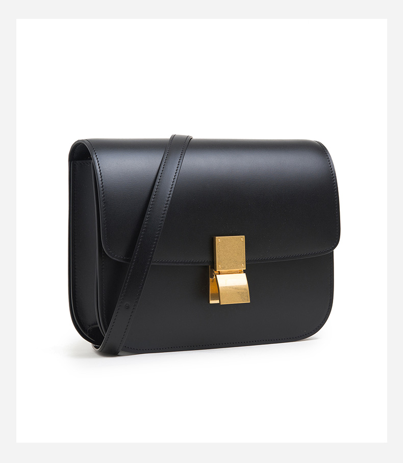 celine/赛琳女士黑色牛皮方块金色扣中号单肩斜挎包 18917