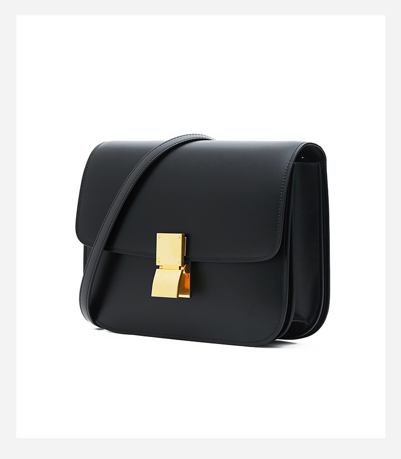 celine/赛琳女士黑色牛皮方块金色扣中号单肩斜挎包 18917
