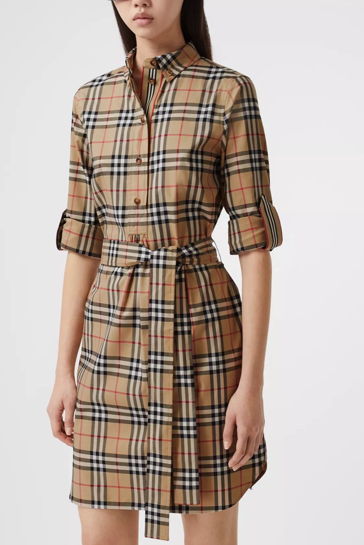 burberry/博柏利 vintage 复古格纹 弹力棉质 系腰 衬衫式连衣裙 长袖