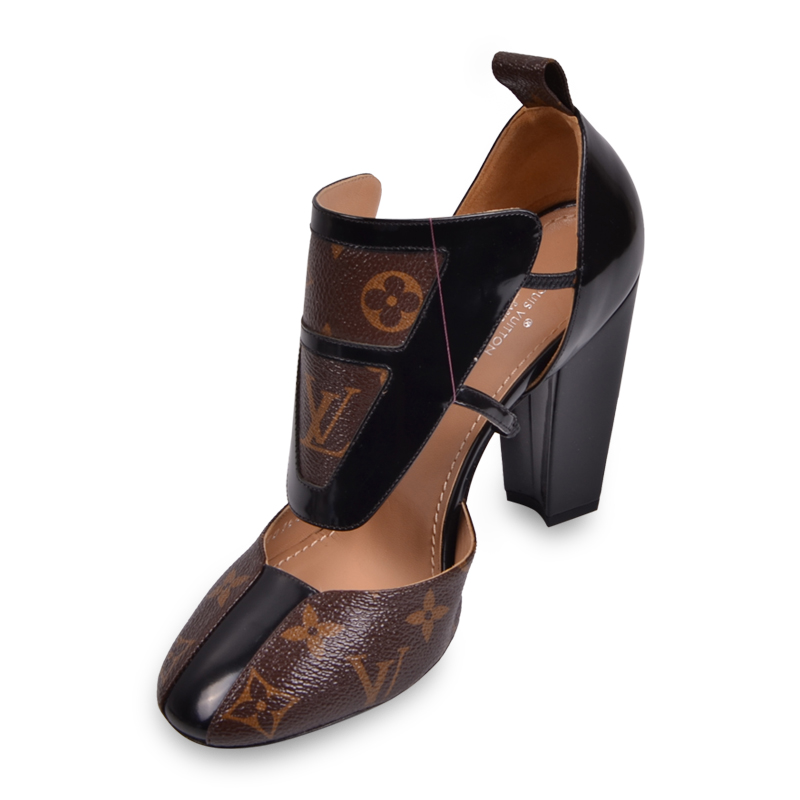 vuitton/路易威登 女士棕色pvc老花 拼接镂空时尚 粗跟鞋高跟凉鞋9cm