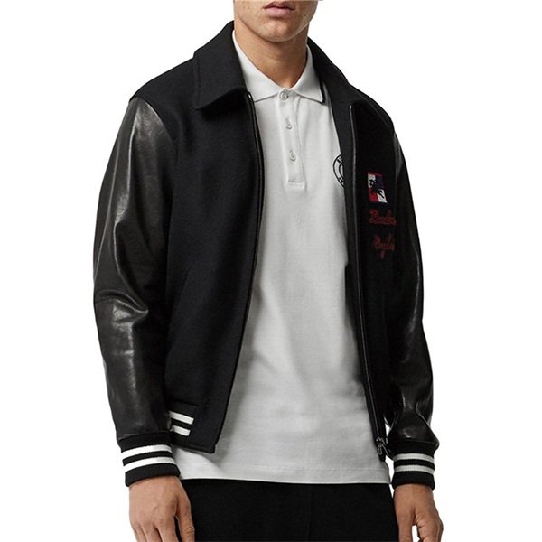 burberry/博柏利 burberry服装 巴宝莉 黑色 男装 牛皮拼接 棒球夹克