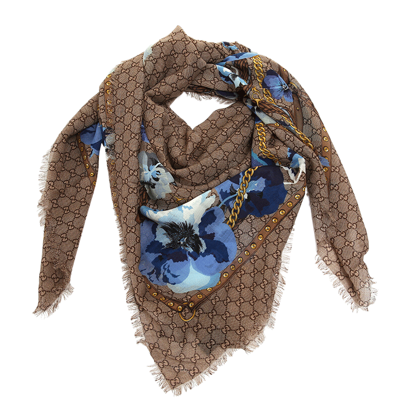 gucci/古驰 围巾/披肩围巾古驰新款花朵方巾围巾棕色底橙花羊毛
