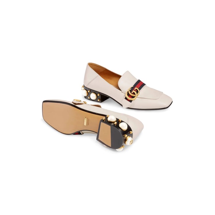 gucci白色织带珍珠中跟乐福鞋