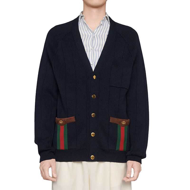 【包税】gucci/古驰 新款男士蓝色织带羊毛混纺针织开衫 626349xkbfj