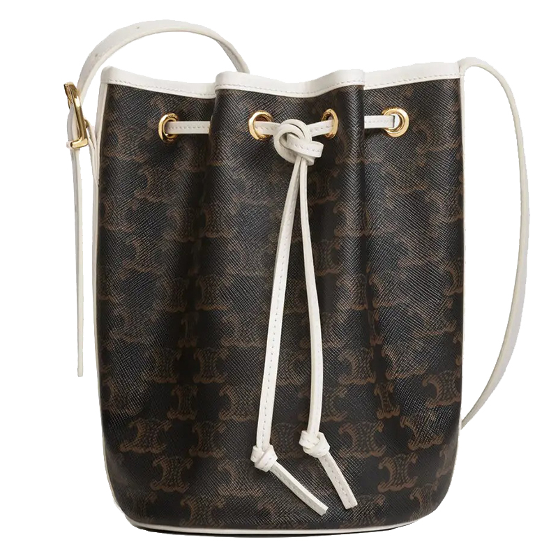 celine/赛琳 20 女士棕色帆布拼接白色牛皮凯旋帆布小号水桶包/斜挎包