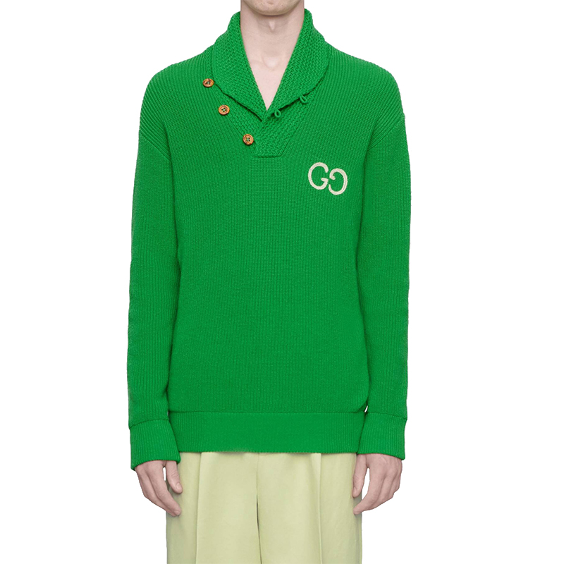 【包税】gucci/古驰 2020年新款男士绿色gg罗纹羊毛polo针织衫 597685