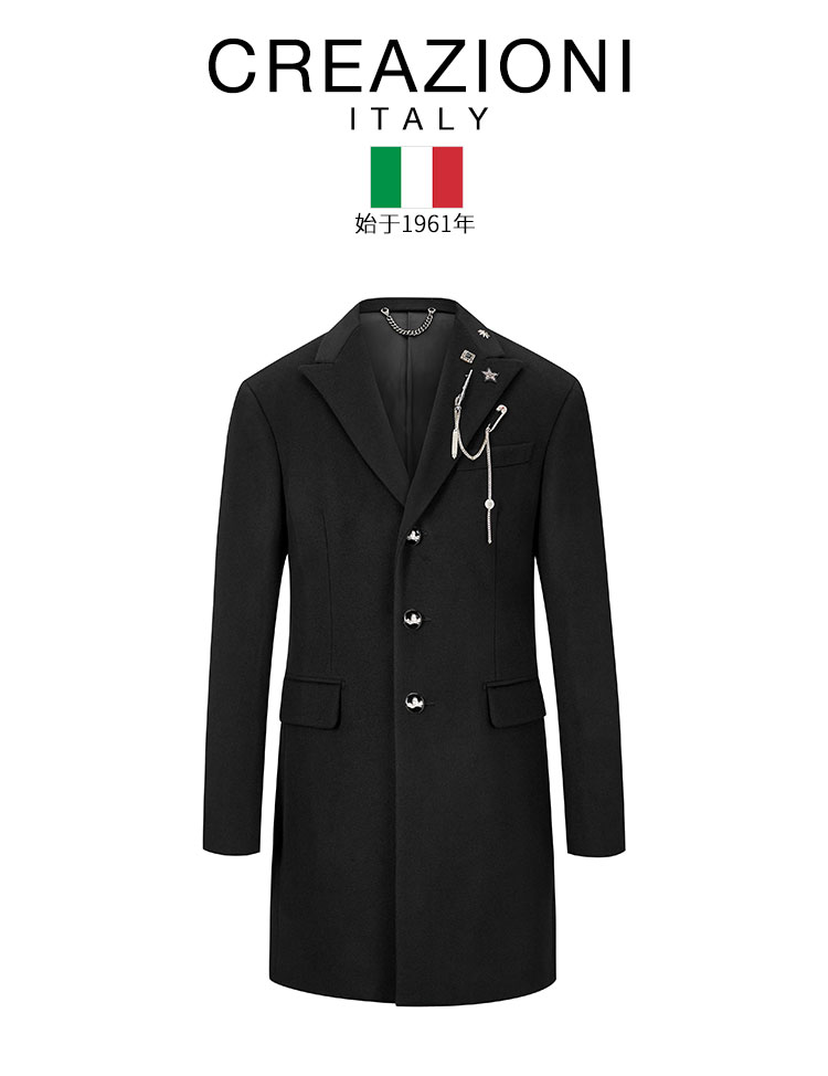 creazioni/克莱切尼时尚单排扣经典版型金属枪驳头长款毛呢男士大衣