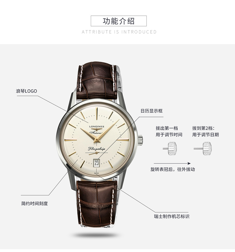 LONGINES/浪琴瑞士手表 复刻系列日历自动机械男士腕表 皮带银盘L4.795.4.78.2