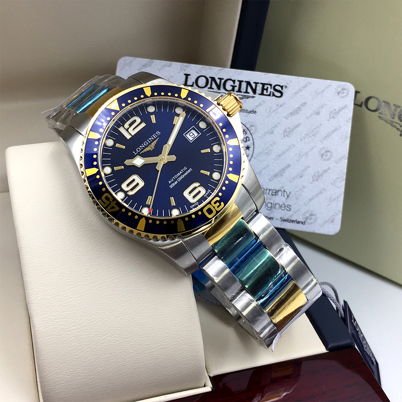 LONGINES/浪琴瑞士手表 康卡斯潜水系列日历自动机械钢带男士腕表 间金蓝盘L3.742.3.96.7