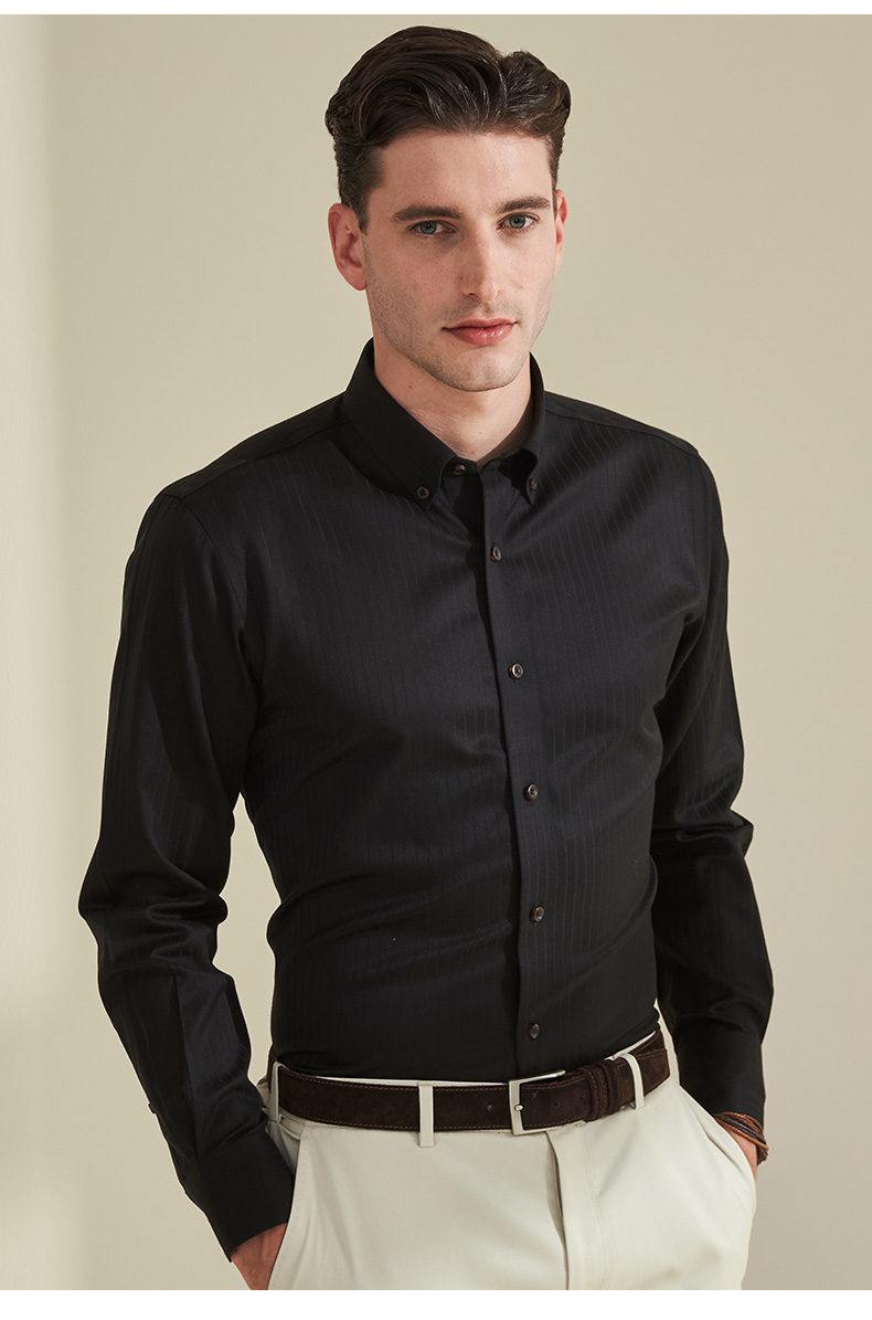 camicissima/恺米切商务休闲男士长袖衬衫纽扣领提花条纹免烫衬衫