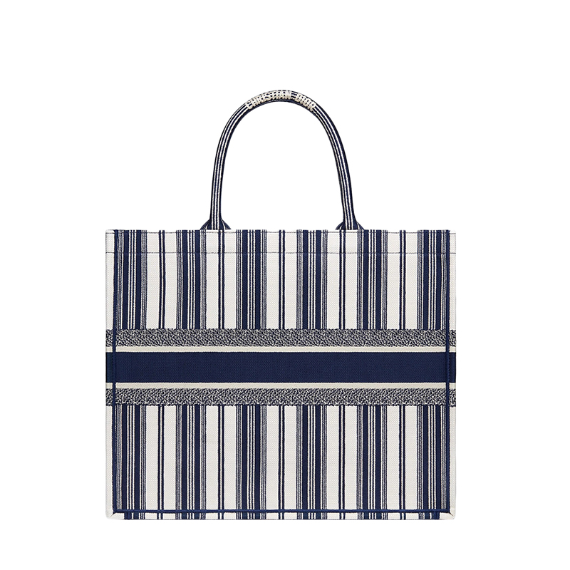 【包税】dior/迪奥 2020新款book tote系列女士蓝色大号绣花条纹帆布