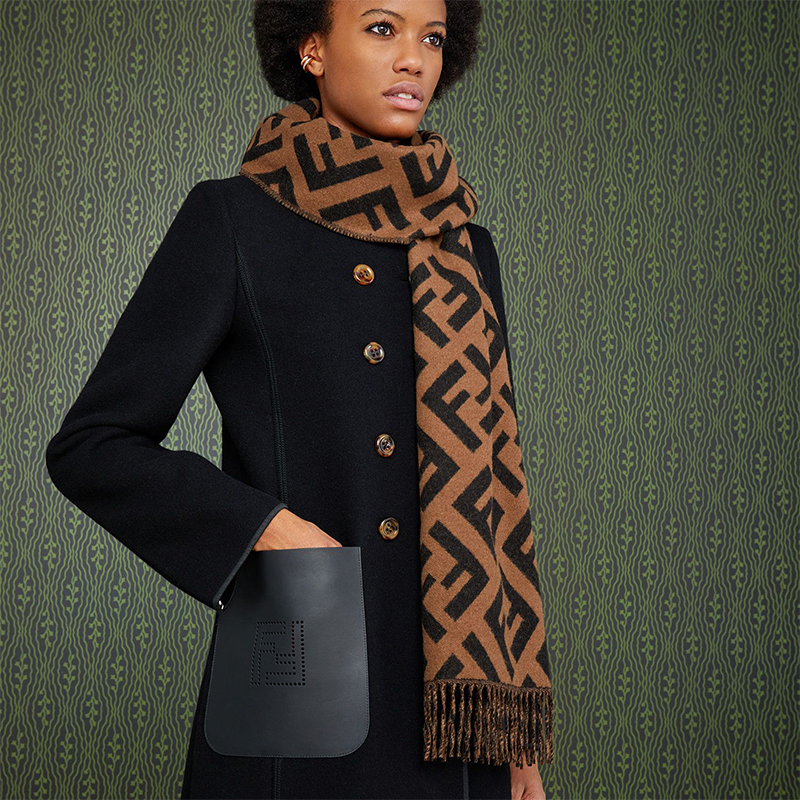 【包税】fendi/芬迪 新款女士ff提花棕色羊绒流苏围巾 fxt260a8rsf0qe