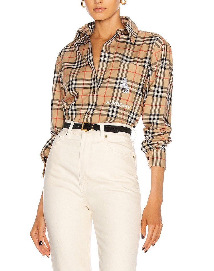 burberry/博柏利 女士斑马嵌花经典复古格纹棉宽松衬衫8032151
