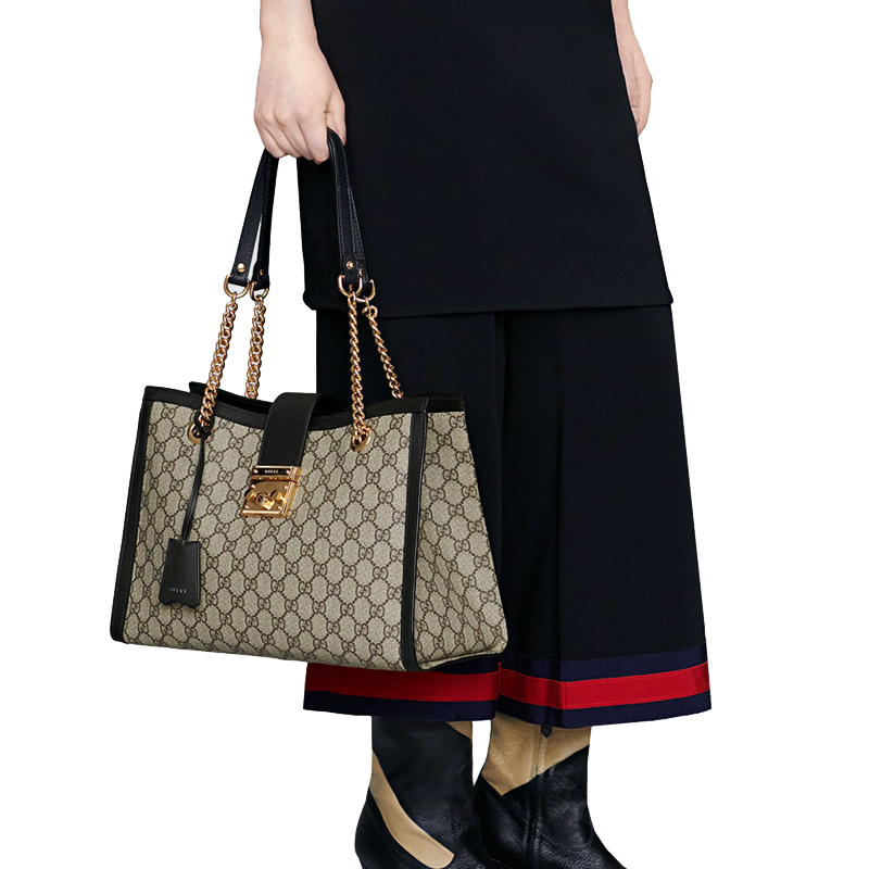 【包税】gucci/古驰 经典gg padlock系列 老花帆布拼接黑色牛皮中号