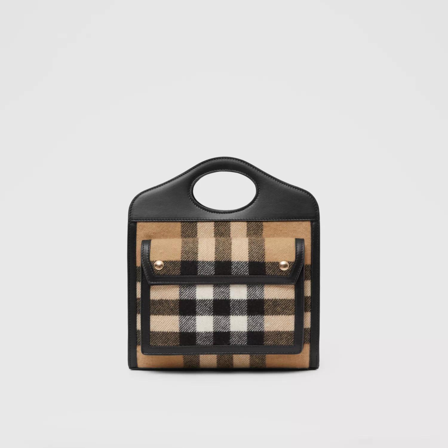 【包邮包税】 burberry 21年春夏 女士 迷你格纹羊绒拼皮革口袋包