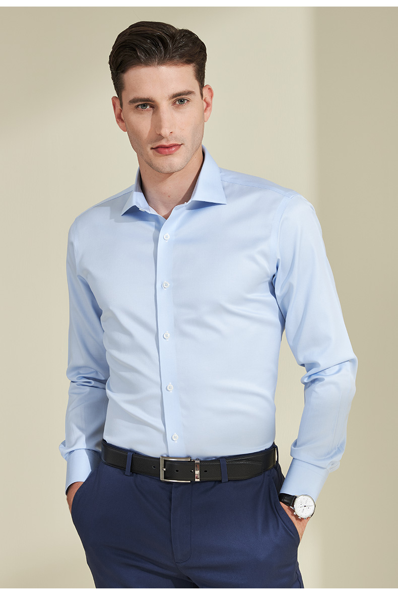 camicissima/恺米切商务百搭男士长袖衬衫晴空蓝半法式领衬衣