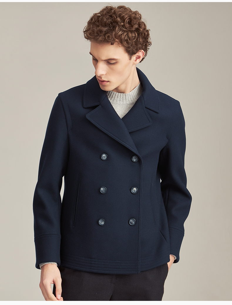 【商场同款】hazzys/哈吉斯 2020秋冬新品短款双排扣羊毛混纺男士大衣