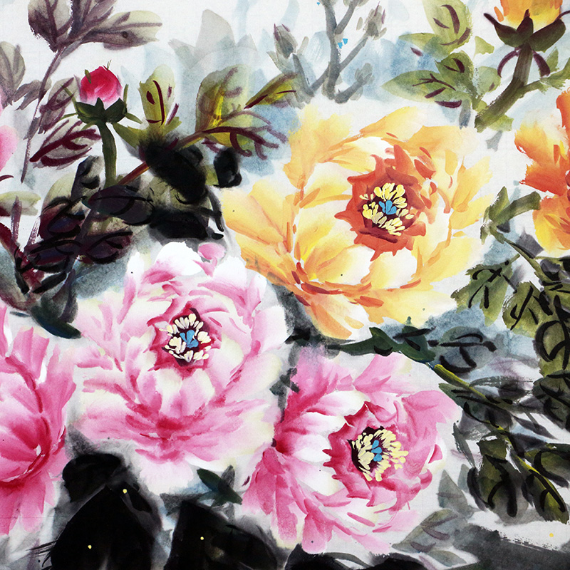 特价秒杀/陈坚彩墨牡丹《吉庆满堂》69x138cm/传统水墨