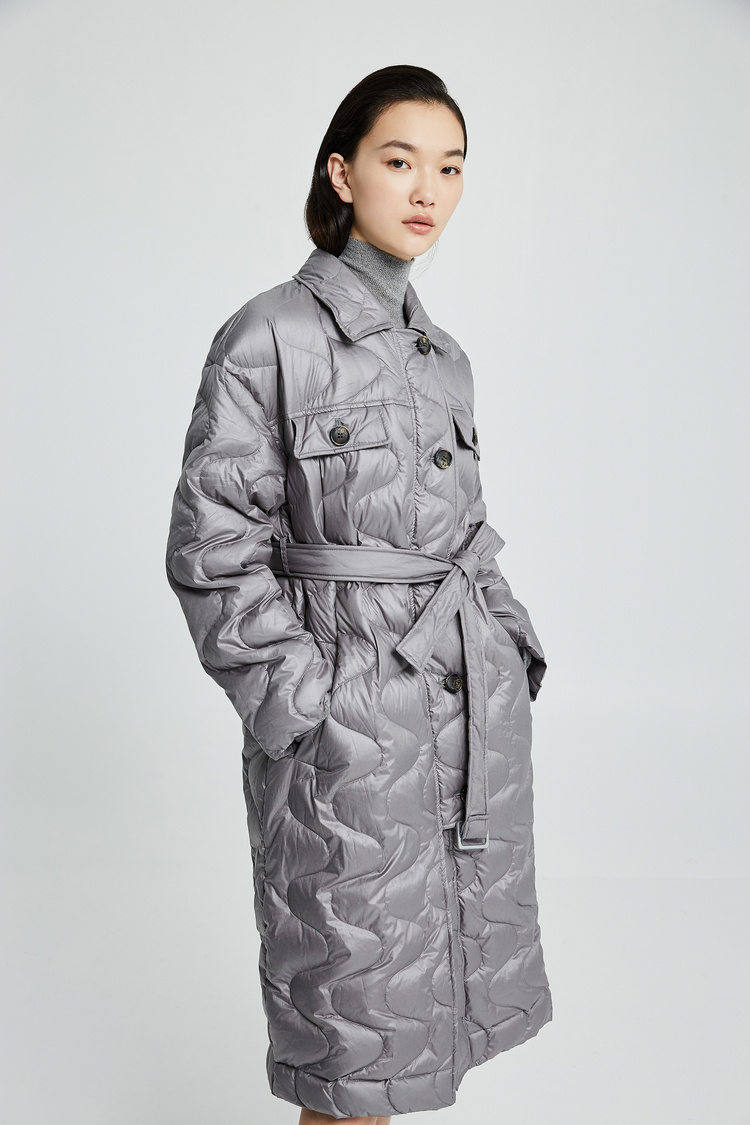 dazzle/dazzle 地素19冬装中长款翻领中灰色束腰女士羽绒服2g4k4051e