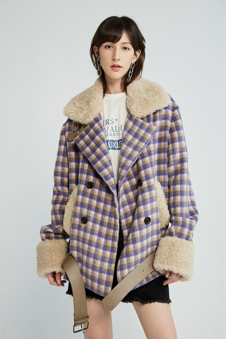 dazzle/dazzle地素 19秋冬颗粒羊毛格纹毛呢外套女士大衣2g4g2803y