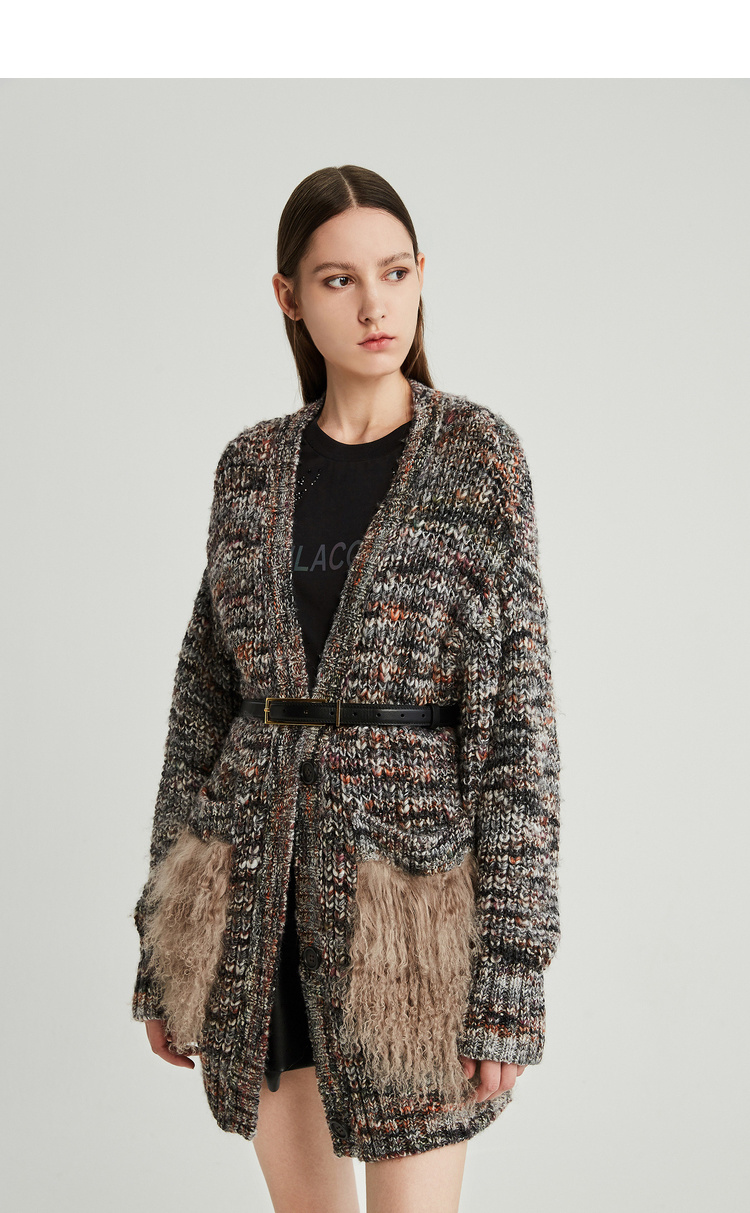 dazzle/dazzle地素 19冬装针织皮毛拼接中长款女士针织衫/毛衣2g4e5