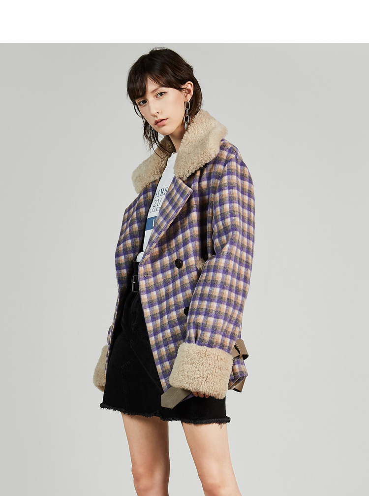 dazzle/dazzle地素 19秋冬颗粒羊毛格纹毛呢外套女士大衣2g4g2803y