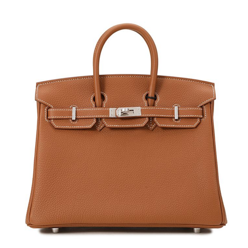 hermes/爱马仕 经典birkin25 金棕 银扣 togo小牛皮 女士手提包(s级99