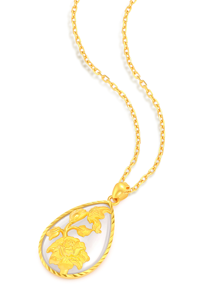 laomiaojewelry/老庙黄金足金和田玉挂坠水滴玫瑰项链999纯金时尚轻奢