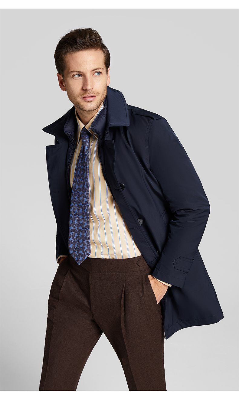 纯色加厚战壕风衣男中长款羽绒内胆翻领束腰外套 男士羽绒服