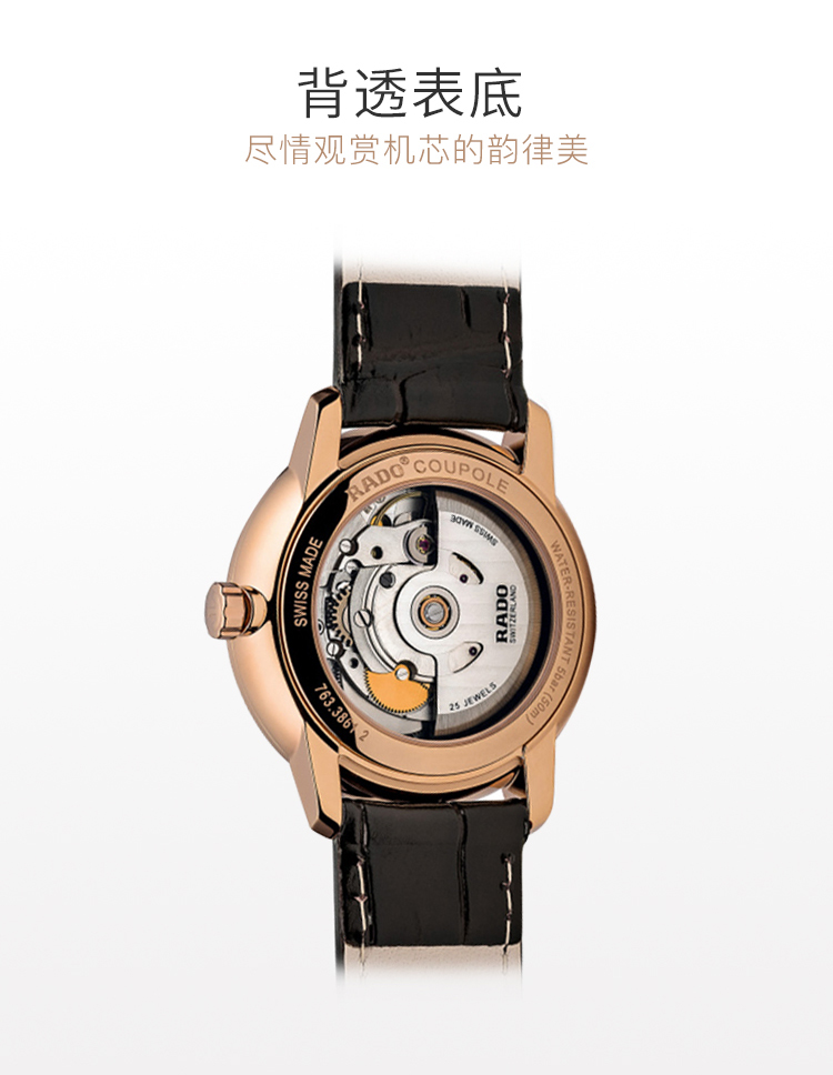 RADO/雷达瑞士手表 晶璨系列实用大气款自动机械男表 37.7mm间金皮表带 R22861115