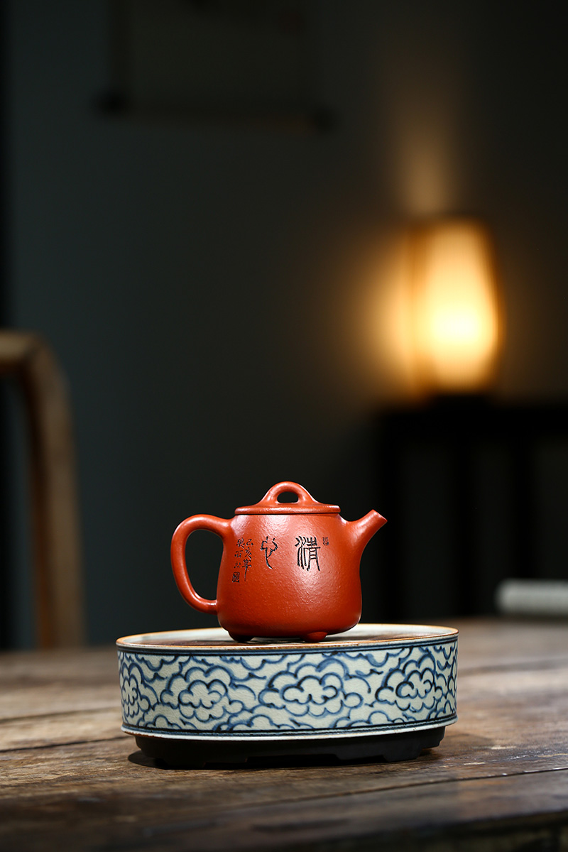 国工刘志明宜兴紫砂紫砂茶具纯手工高石瓢刻绘菊花原矿朱泥240cc