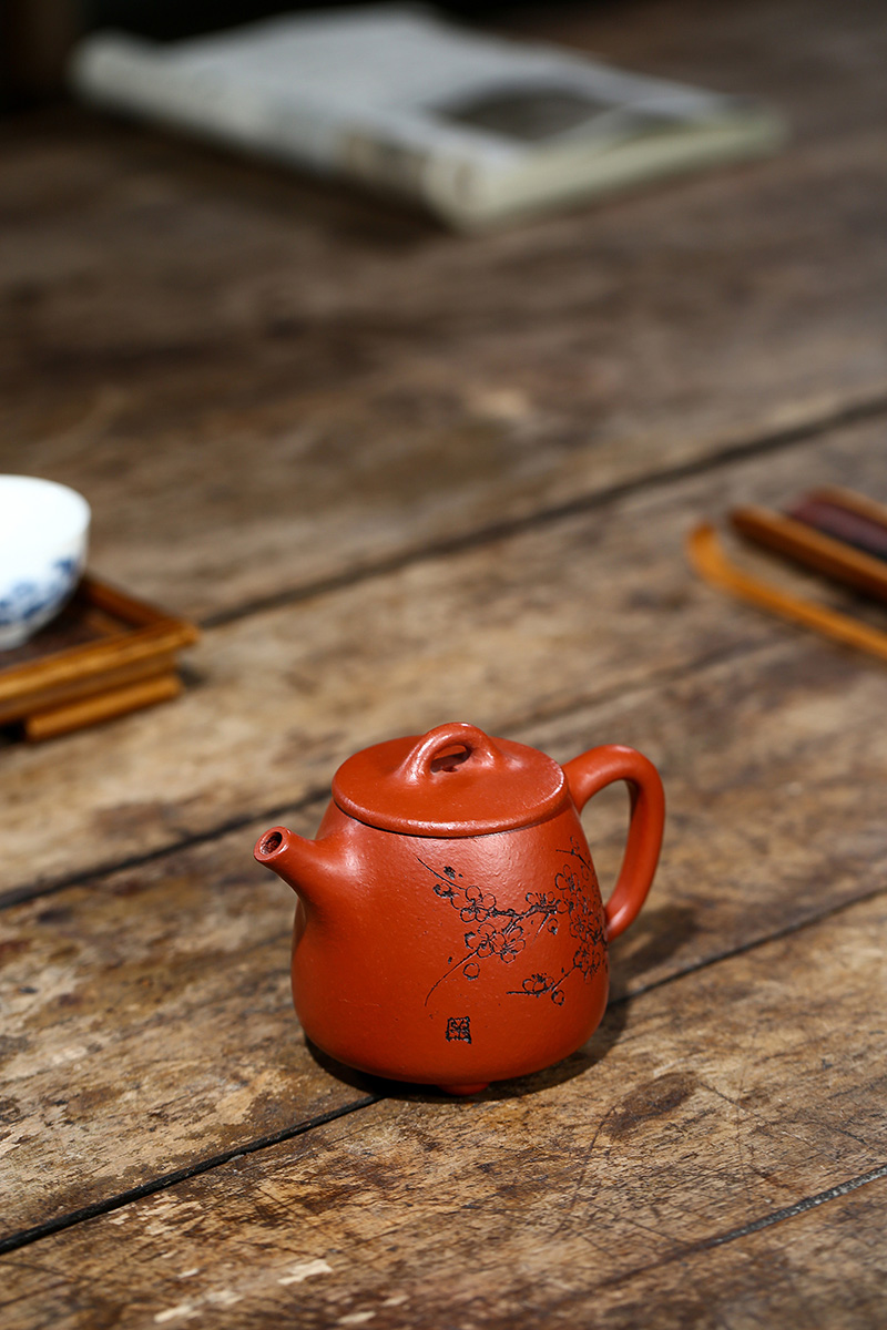 国工刘志明宜兴紫砂紫砂茶具纯手工高石瓢刻绘菊花原矿朱泥240cc