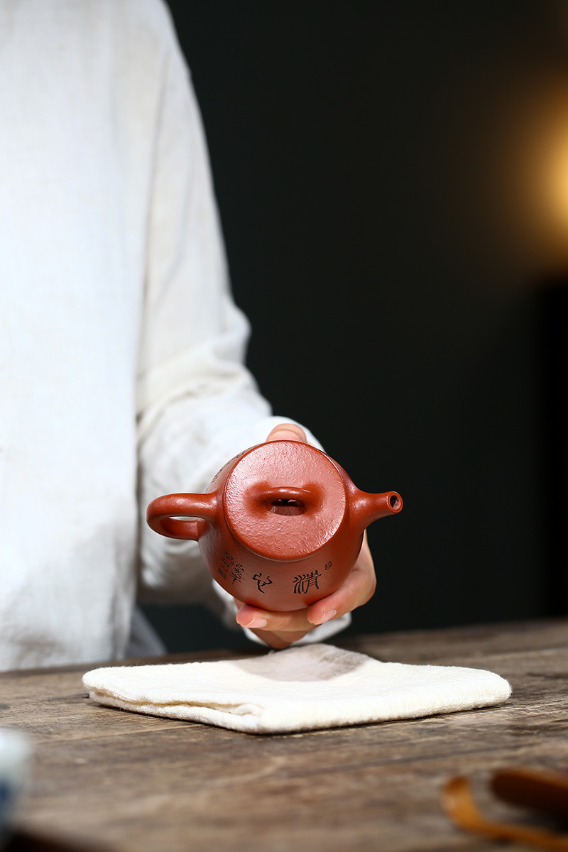 国工刘志明宜兴紫砂紫砂茶具纯手工高石瓢刻绘菊花原矿朱泥240cc