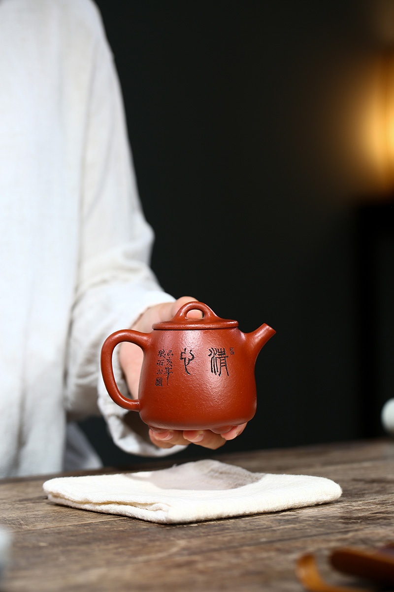 国工刘志明宜兴紫砂紫砂茶具纯手工高石瓢刻绘菊花原矿朱泥240cc