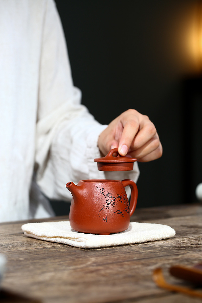 国工刘志明宜兴紫砂紫砂茶具纯手工高石瓢刻绘菊花原矿朱泥240cc