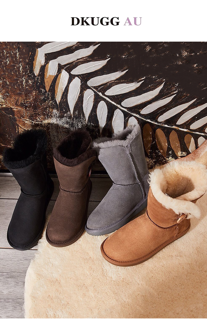 【2020秋冬新款】dk ugg防泼水经典单木扣中筒雪地靴女防滑加厚皮毛