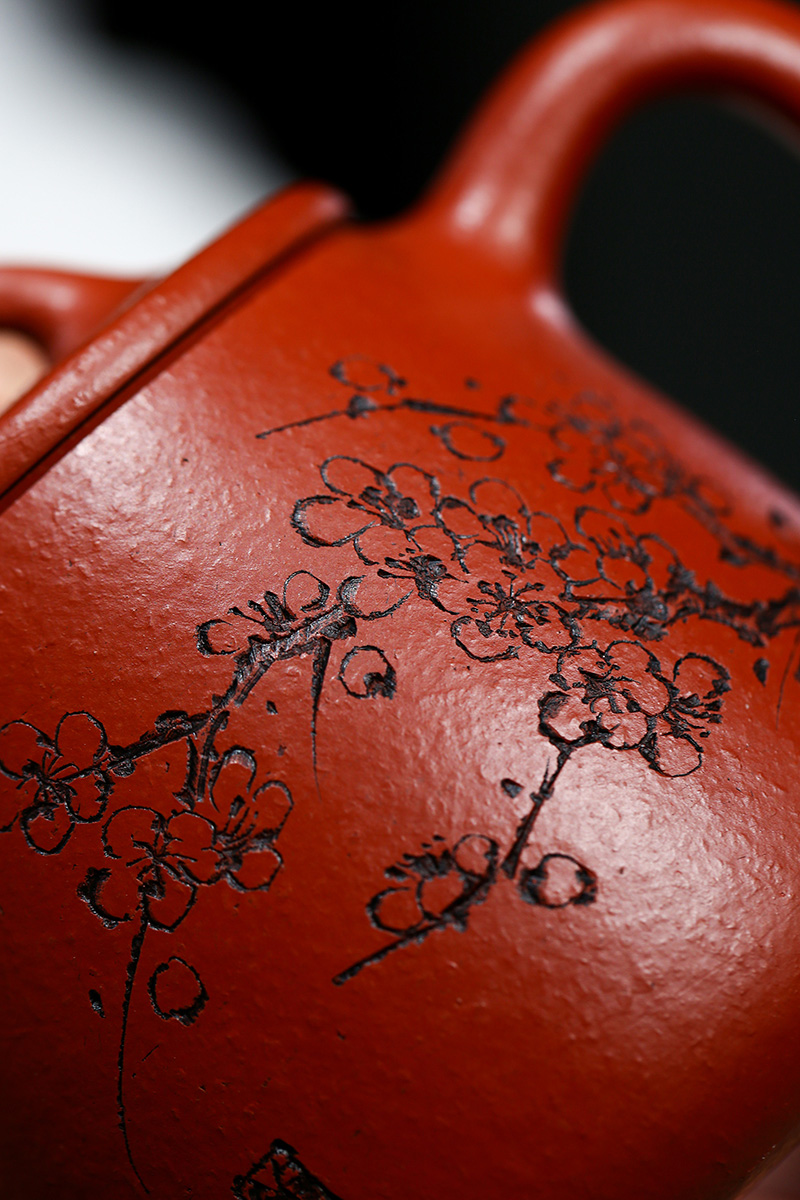 国工刘志明宜兴紫砂紫砂茶具纯手工高石瓢刻绘菊花原矿朱泥240cc