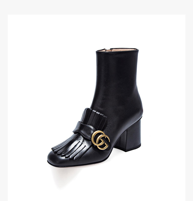 gucci古驰女鞋黑色羊皮女士方头流苏高跟鞋408210c9d00dx