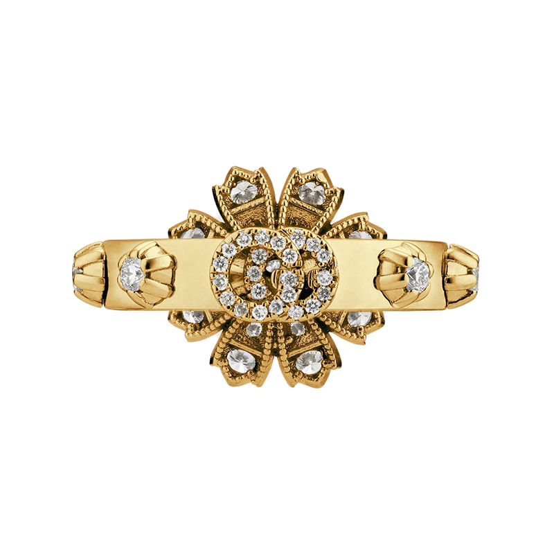 2020新款gucci flora 镶有钻石的花朵背面有双g细节18k金黄金钻石戒指