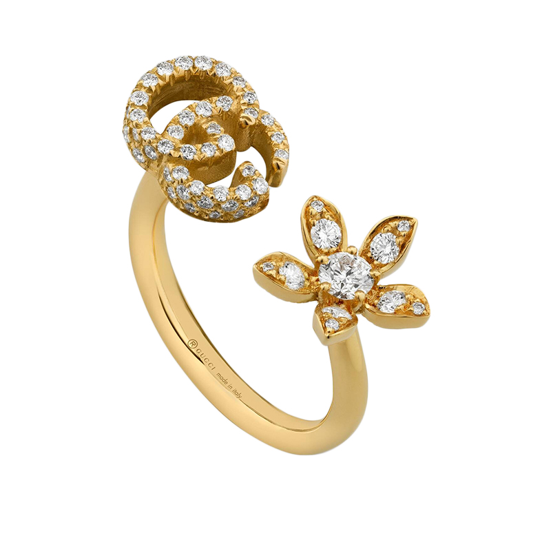 2020新款gucci flora 双g和花朵细节镶钻18k金黄金钻石戒指 582019j