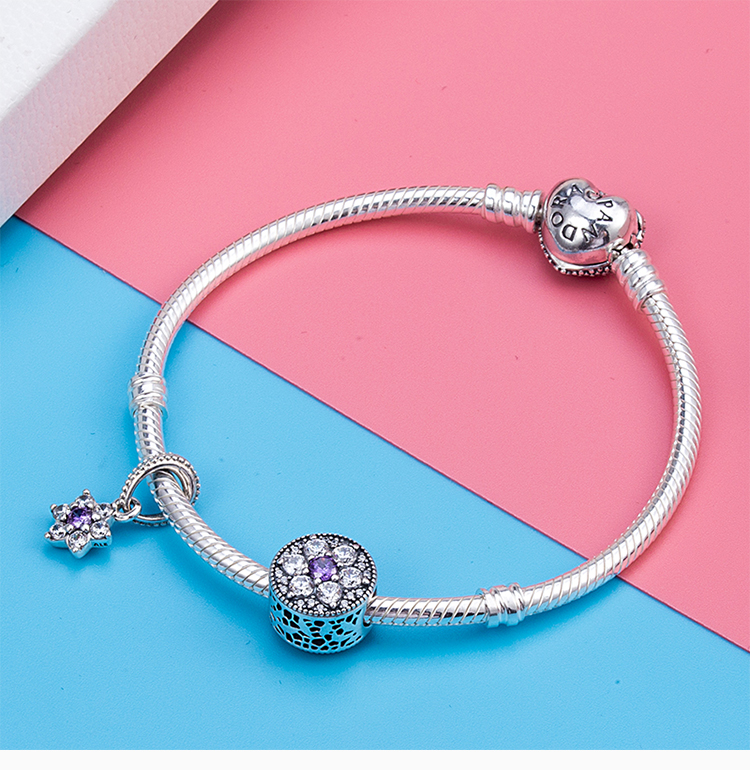 pandora/潘多拉 女士银色925银勿忘我紫色幸运心形链扣手链手环手镯