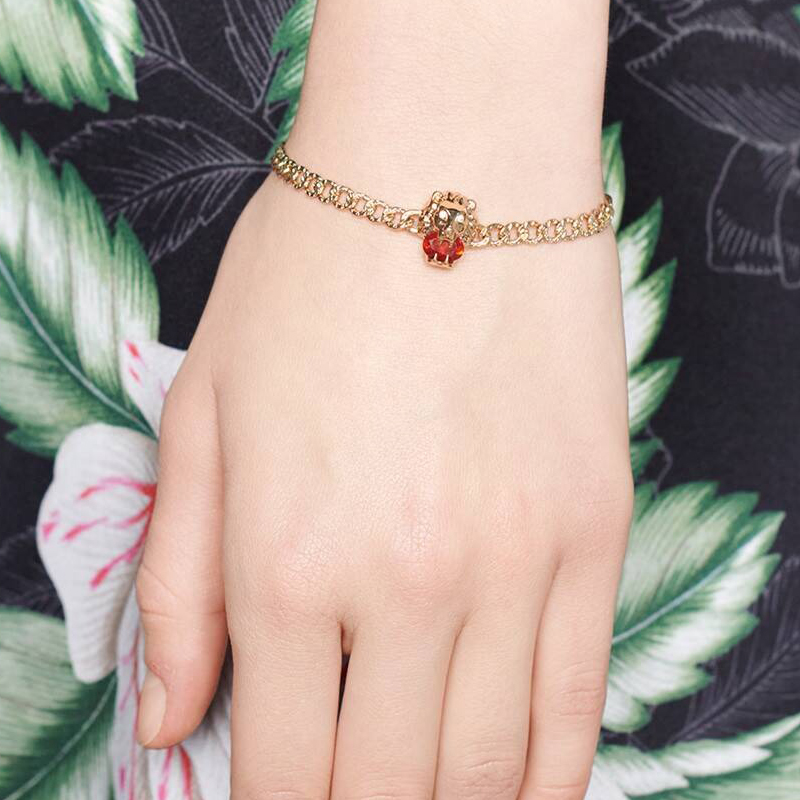 【包税】gucci/古驰 18k金黄金镶有钻石和火红蛋白石狮子头手链