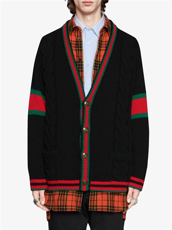 gucci/古驰 男士针织衫/毛衣黑色红绿条开衫针织外套21ss新款超大造型