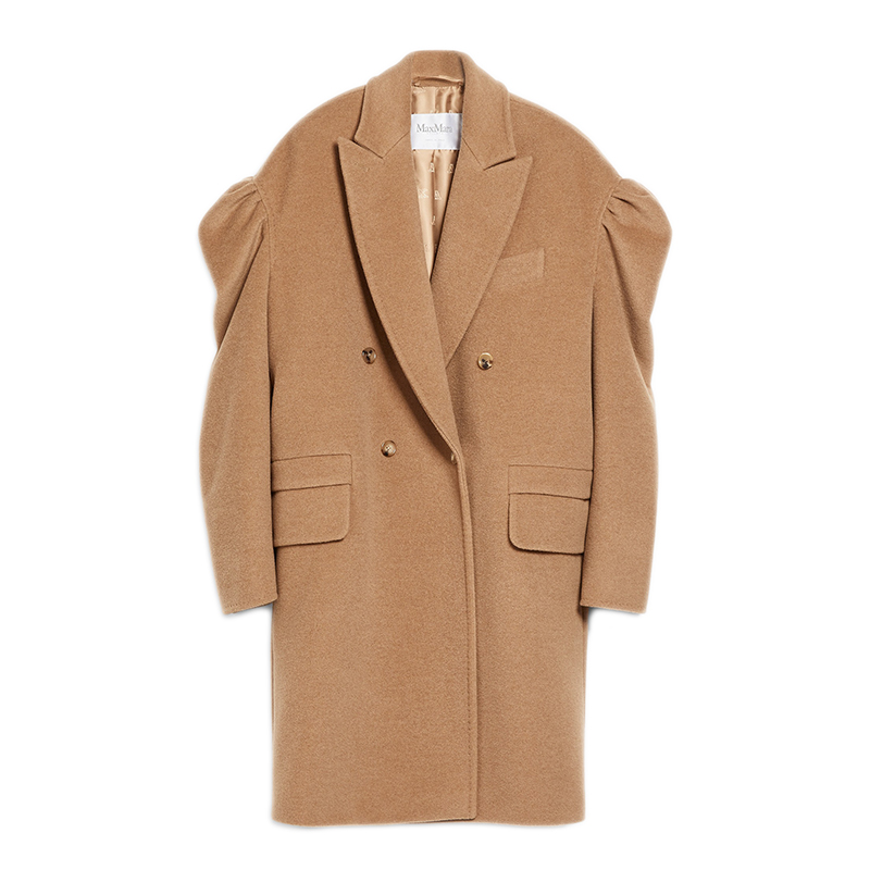 女士驼色翻领泡泡袖前胸口袋贴袋双排扣大衣1016210606001