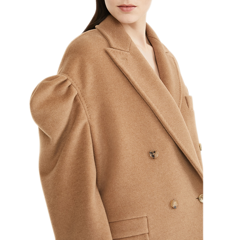 【包税】maxmara/麦丝玛拉 女士驼色翻领泡泡袖前胸口袋贴袋双排扣