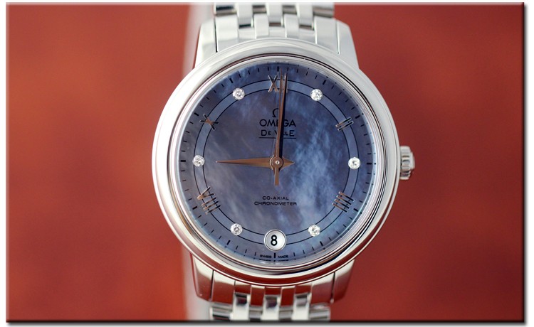 OMEGA/欧米茄瑞士手表 碟飞系列日历镶钻自动机械女士腕表 钢带蓝盘424.10.33.20.57.001