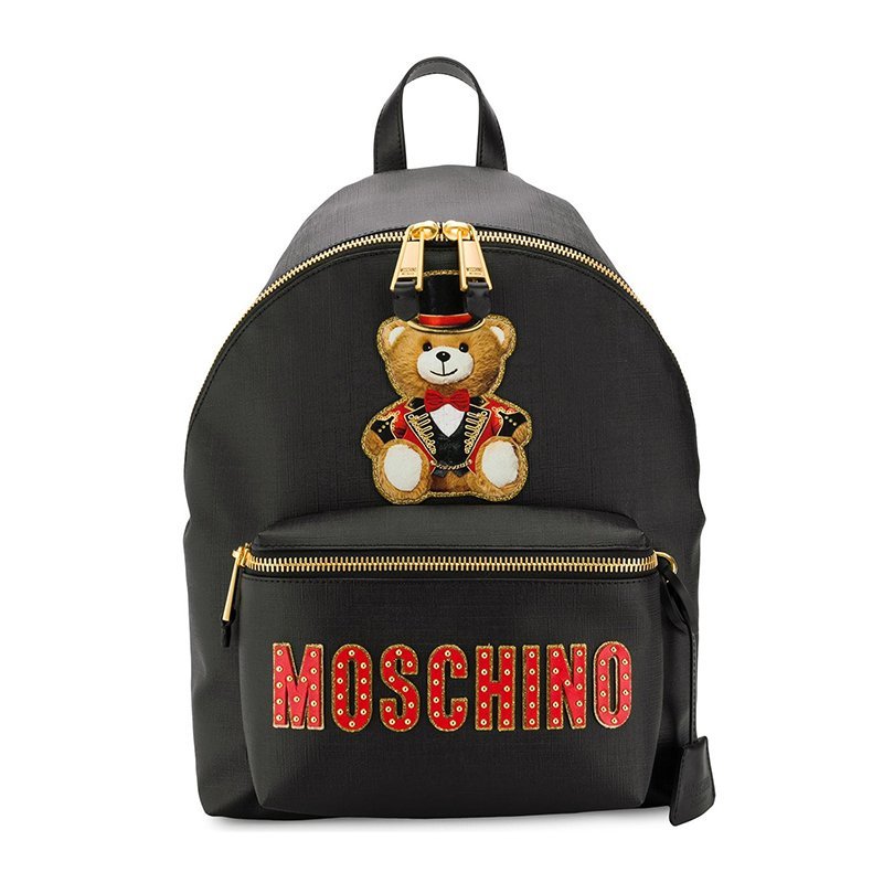 moschino/莫斯奇诺 女士粉色皮质经典时尚戴礼帽小熊魔术熊图案双肩包