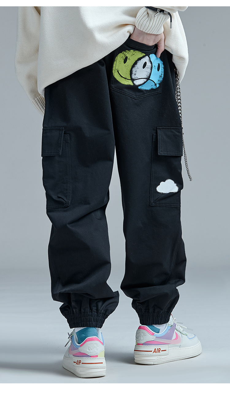 古由卡guuka潮牌多袋工装裤女秋季帅气嘻哈情侣涂鸦印花黑色束脚裤