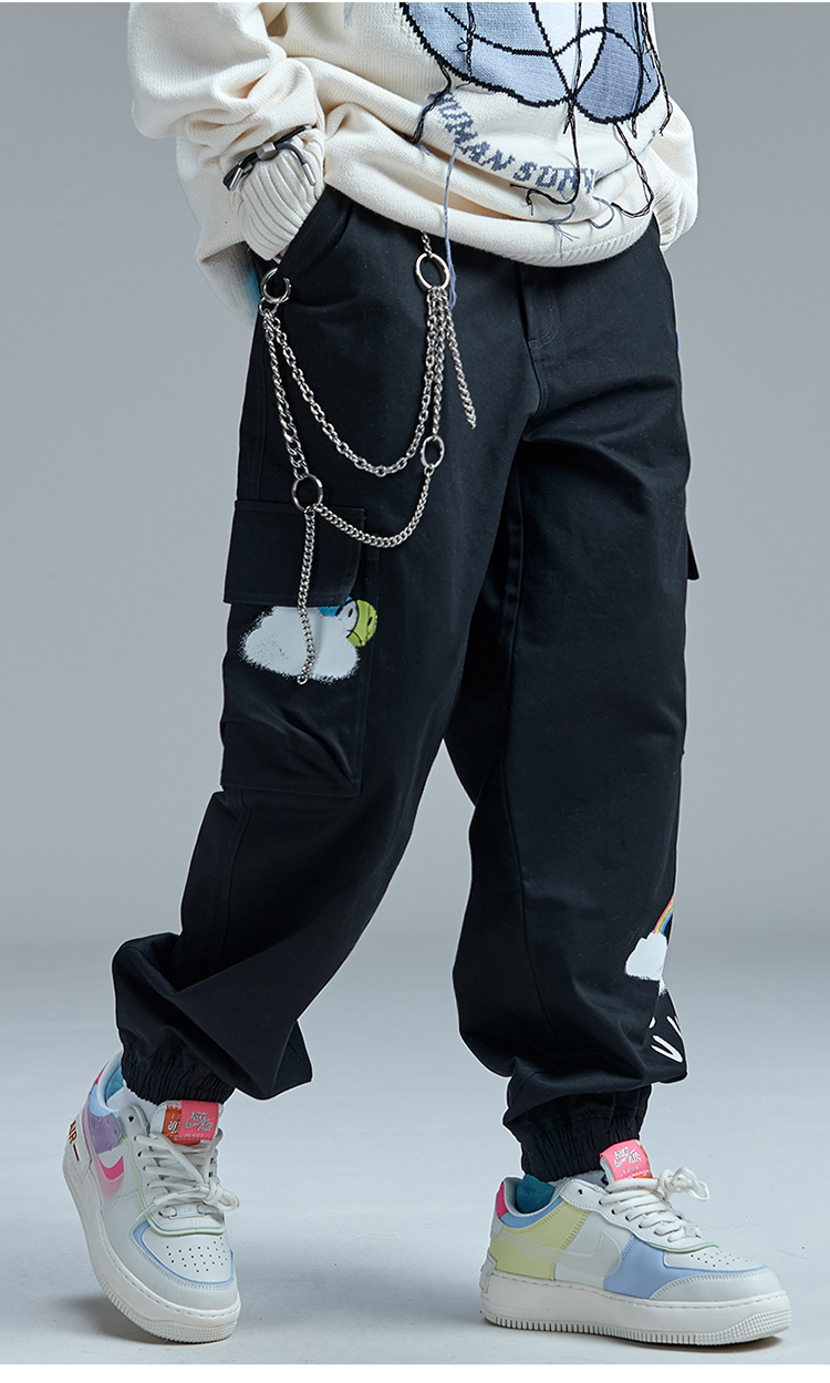 古由卡guuka潮牌多袋工装裤女秋季帅气嘻哈情侣涂鸦印花黑色束脚裤